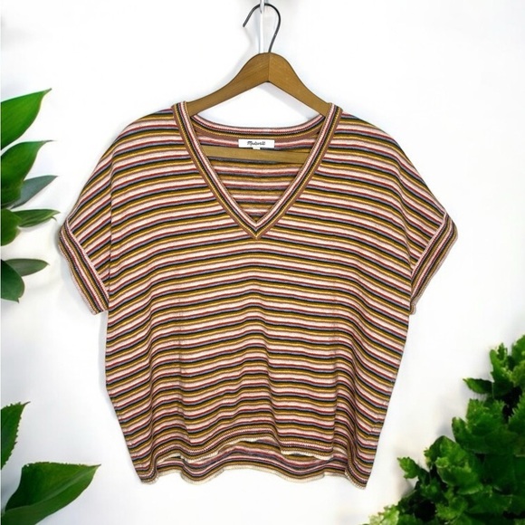 Madewell Striped Paulson Knit V-Neck Boxy Tee Top Small Neutral Stripe Casual - Picture 3 of 11